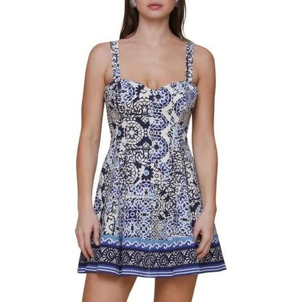 Avec Les Filles Blue White Tile Print Fit & Flare Dress Size 6 Summer‎